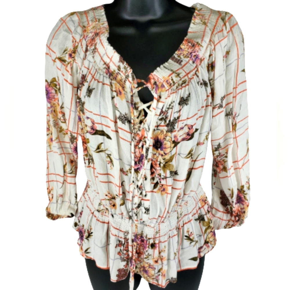 Gimmicks On/Off Shoulder,Floral,Lace Up Blouse